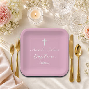 Modern Baptism Christening White Cross Dusty Pink Paper Plates