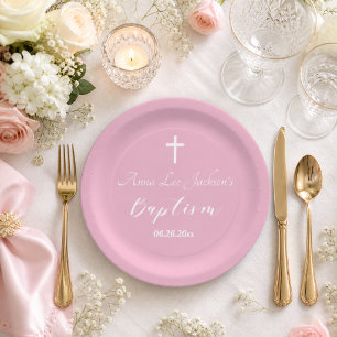 Modern Baptism Christening White Cross Dusty Pink Paper Plates