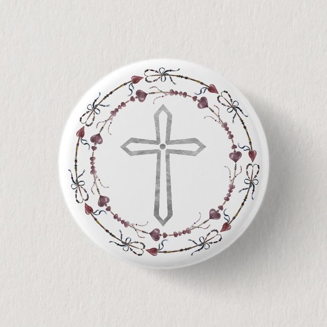 Modern Baptism Gray White Christian Cross  Wreath Button (Front)