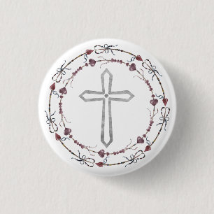  Modern Baptism Gray White Christian Cross  Wreath Button