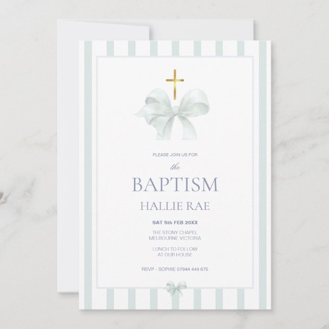 Modern Baptism Invitation, Sage Green Stripe & Bow Invitation (Front)