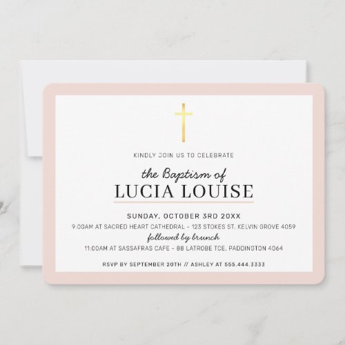 MODERN BAPTISM minimal gold cross simple pink girl Invitation