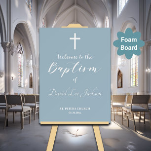 Modern Baptism White Cross Dusty Blue Welcome Foam Board