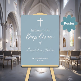 Modern Baptism White Cross Dusty Blue Welcome Poster