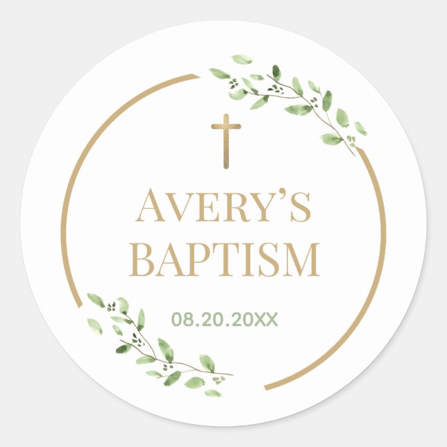 Modern Baptism wreath Gold cross Customizable Classic Round Sticker (Front)
