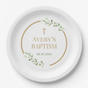 Modern Baptism wreath Gold cross Customizable Paper Plates