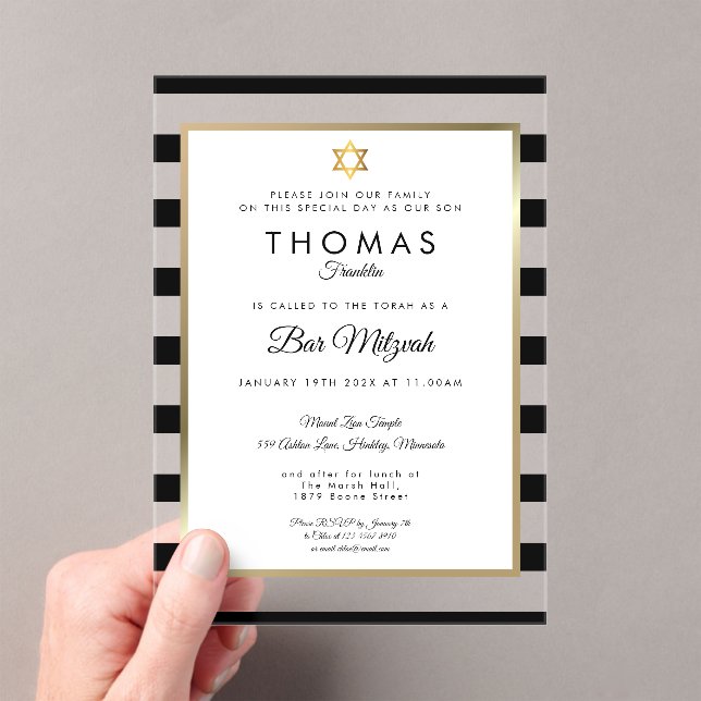 Modern Bar Bat Mitzvah Classic Black Stripe Gold  Acrylic Invitations (Insitu (Handheld))