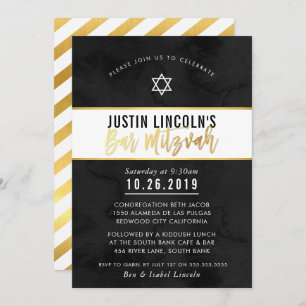 MODERN BAR MITZVAH black watercolor gold script Invitation