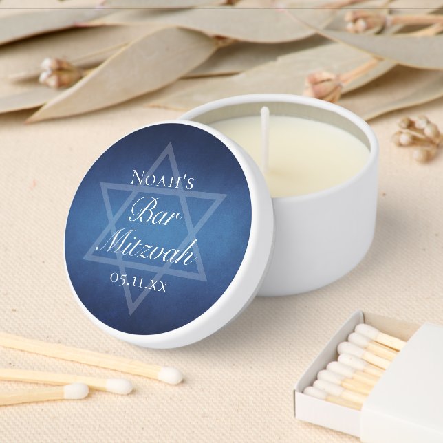 Modern Bar Mitzvah Blue Star of David Custom Party Mini Candle Favors (Insitu)