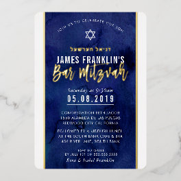 MODERN BAR MITZVAH blue watercolor gold writing Foil Invitation