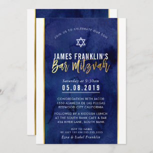 MODERN BAR MITZVAH blue watercolor gold writing Invitation
