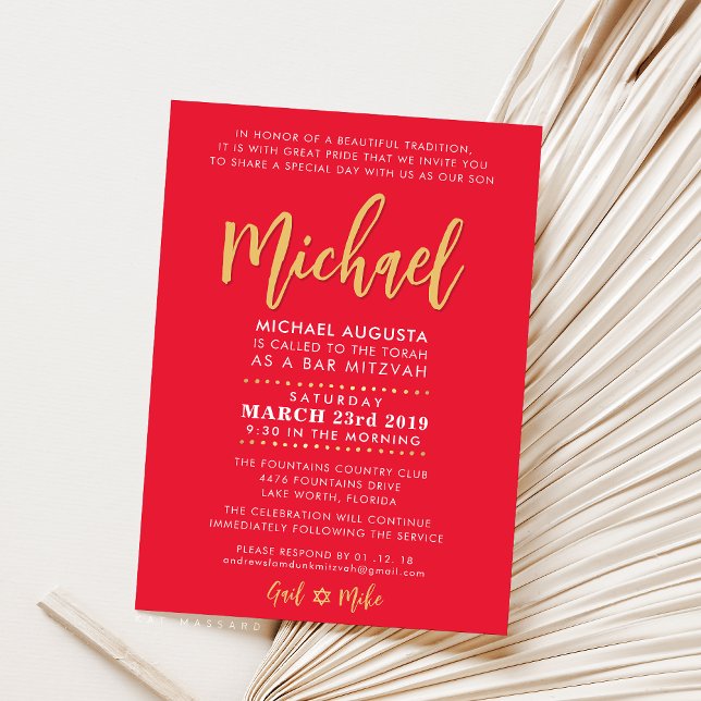 Modern Bar Mitzvah boy modern red + gold Invitation (Creator Uploaded)