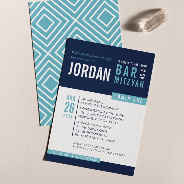 MODERN BAR MITZVAH cool bold block navy aqua blue Invitation (Creator Uploaded)