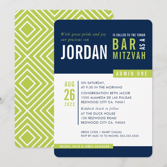 MODERN BAR MITZVAH cool bold block navy lime green Invitation (Front/Back)