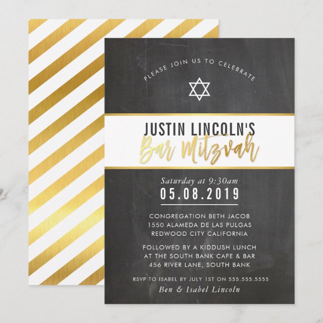 MODERN BAR MITZVAH cool chalkboard gold writing Invitation (Front/Back)