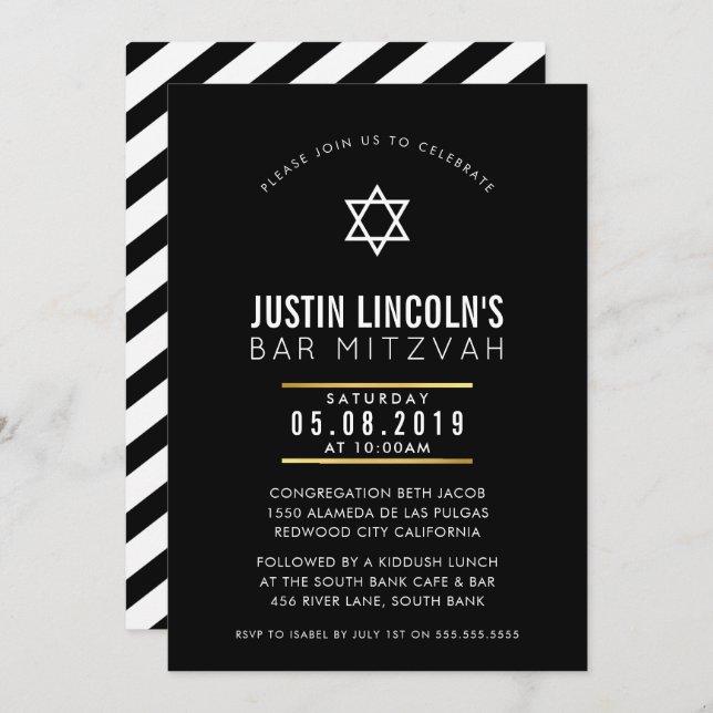 MODERN BAR MITZVAH cool classy bold minimal black Invitation (Front/Back)
