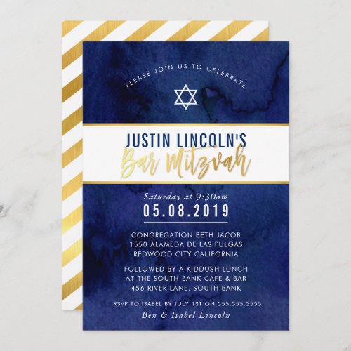 MODERN BAR MITZVAH dark blue watercolor gold type Invitation