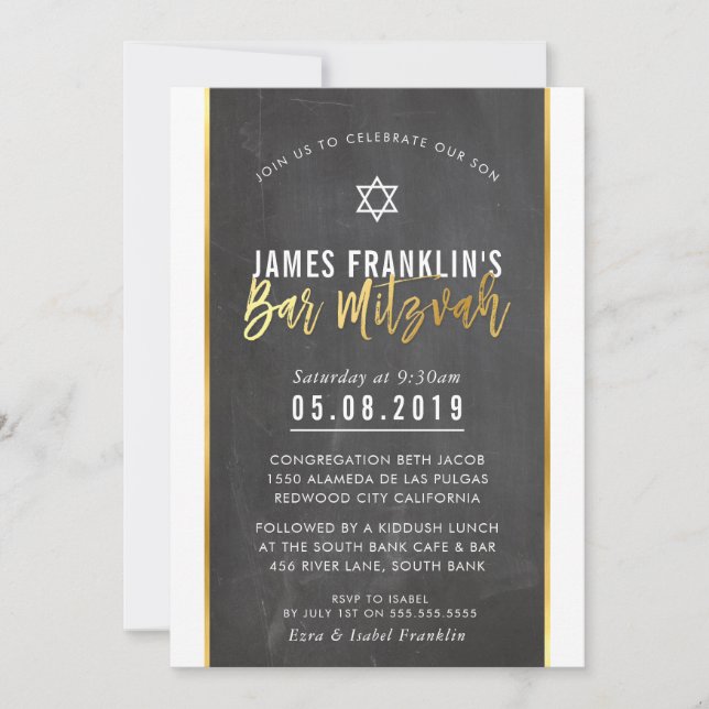 MODERN BAR MITZVAH grey chalkboard gold writing Invitation (Front)