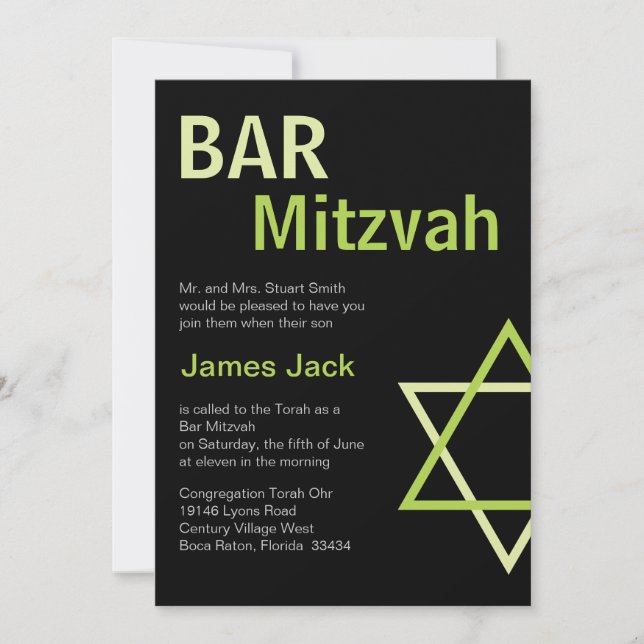 Modern Bar Mitzvah Invitation- Green & Black Invitation (Front)