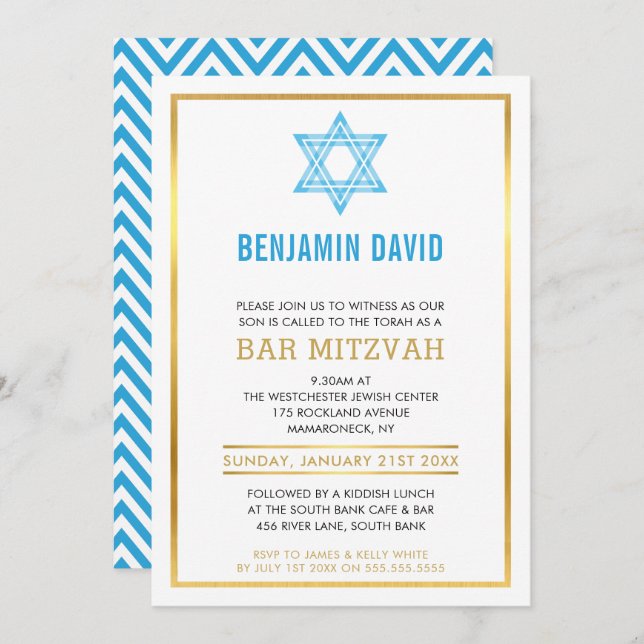 MODERN BAR MITZVAH INVITE gold blue jewish star (Front/Back)