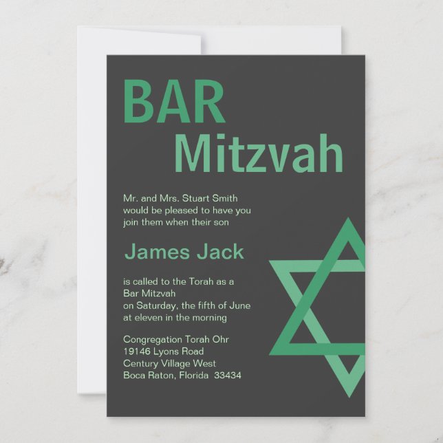 Modern Bar Mitzvah Invitiation- Green & Gray Invitation (Front)