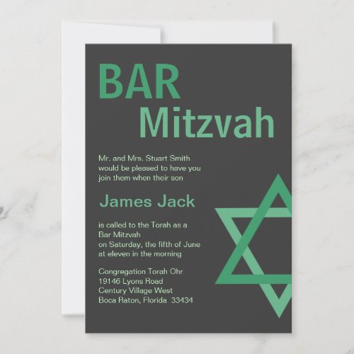 Modern Bar Mitzvah Invitiation- Green Grey Personalised Announcements