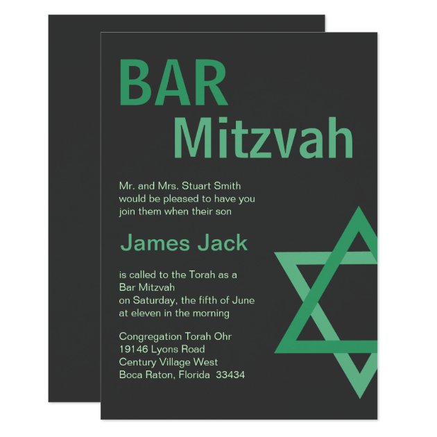 Modern Bar Mitzvah Invitiation- Green & Grey Invitation