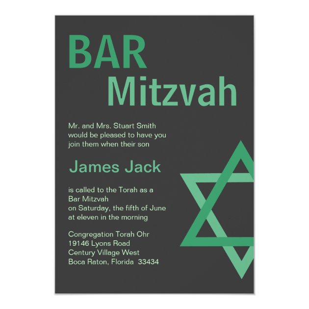 Modern Bar Mitzvah Invitiation- Green & Grey Invitation