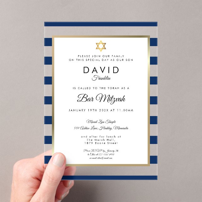 Modern Bar Mitzvah Navy Blue Stripe Gold Acrylic Invitations (Insitu (Handheld))