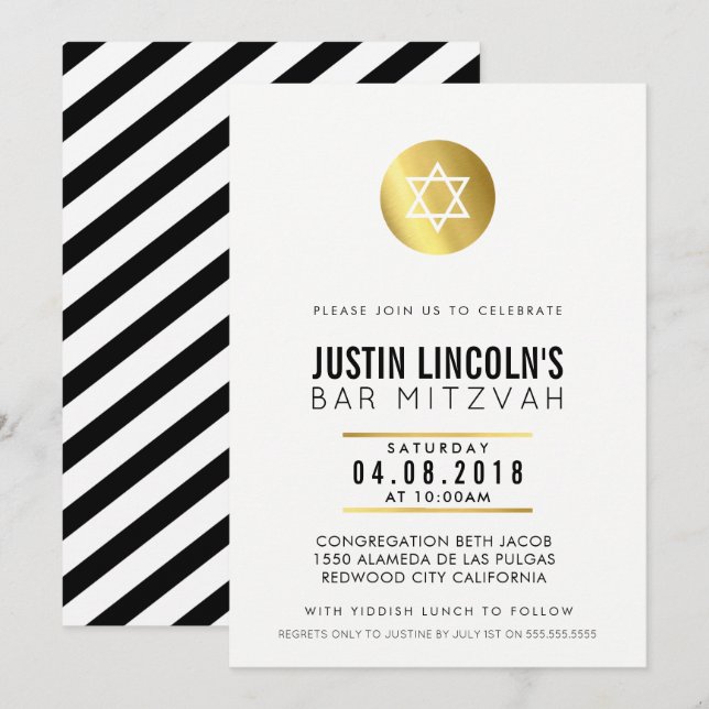 MODERN BAR MITZVAH party INVITE gold spot black (Front/Back)