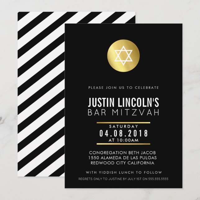 MODERN BAR MITZVAH party INVITE gold spot black (Front/Back)