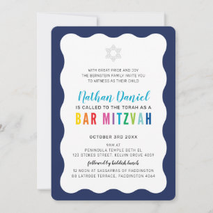 MODERN BAR MITZVAH rainbow colors wavy border blue Invitation