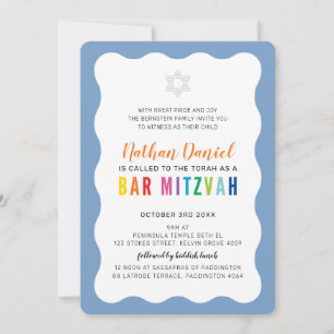 MODERN BAR MITZVAH rainbow colors wavy border blue Invitation