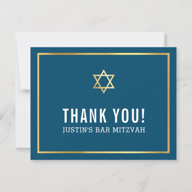MODERN BAR MITZVAH simple thank you gold star navy Card (Front)