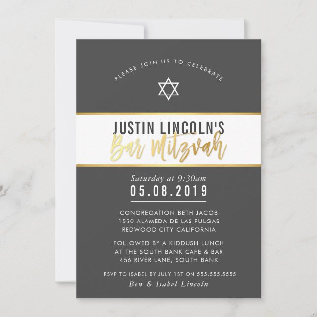 MODERN BAR MITZVAH stylish dark gray gold writing Invitation (Front)