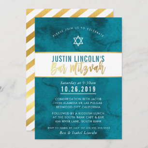 MODERN BAR MITZVAH teal blue watercolor gold type Invitation