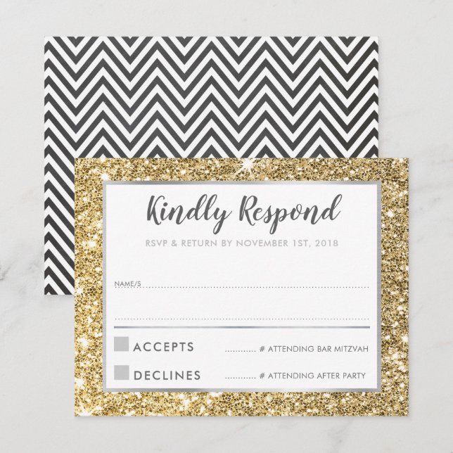 MODERN BAR MITZVAH thank you cool gold glitter Invitation (Front/Back)