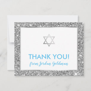 MODERN BAR MITZVAH thank you cool silver glitter Card
