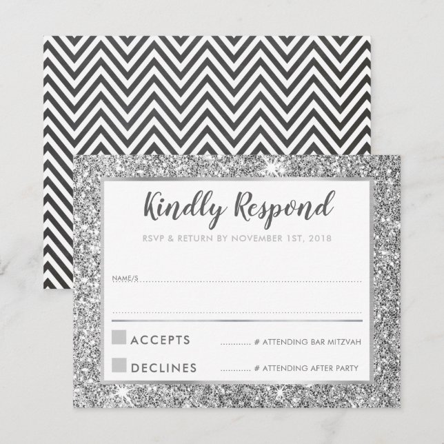 MODERN BAR MITZVAH thank you cool silver glitter Invitation (Front/Back)