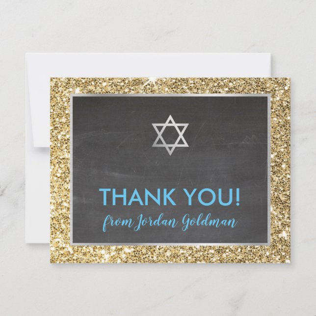 MODERN BAR MITZVAH thank you gold glitter gray Card (Front)