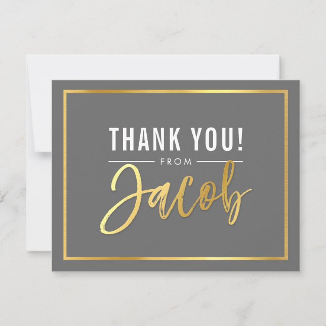 MODERN BAR MITZVAH thank you gold name JACOB grey Card (Front)
