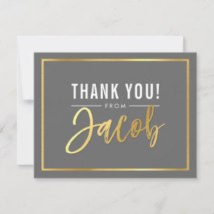 MODERN BAR MITZVAH thank you gold name JACOB grey Card