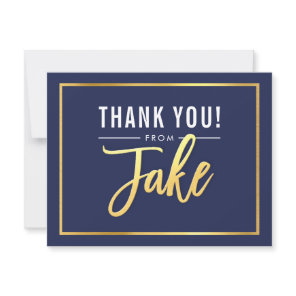MODERN BAR MITZVAH thank you gold name JAKE navy Card