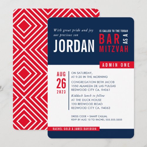 MODERN BAR MITZVAH trendy bold block navy blue red