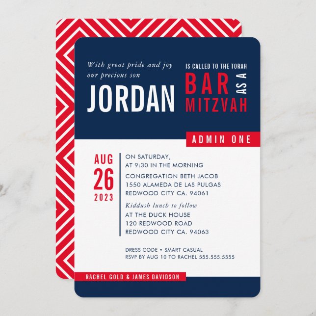 MODERN BAR MITZVAH trendy bold block navy blue red Invitation (Front/Back)
