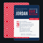 MODERN BAR MITZVAH trendy bold block navy blue red Invitation<br><div class="desc">by kat massard > WWW.SIMPLYSWEETPAPERIE.com Love the design, but would like to see some changes - another color scheme, product, add a photo or adapted for a different occasion - no worries simply contact me - I am happy to help! - - - - - - - - - -...</div>