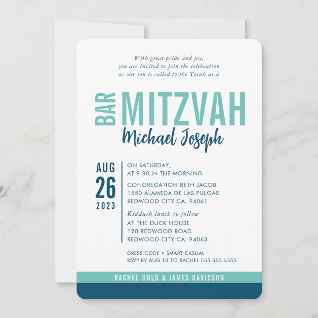 MODERN BAR MITZVAH trendy date blue mint green Invitation (Front)