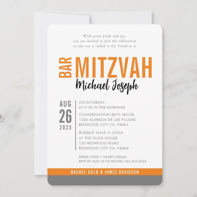 MODERN BAR MITZVAH trendy date orange gray Invitation (Front)