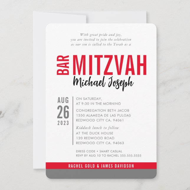 MODERN BAR MITZVAH trendy date red black gray Invitation (Front)