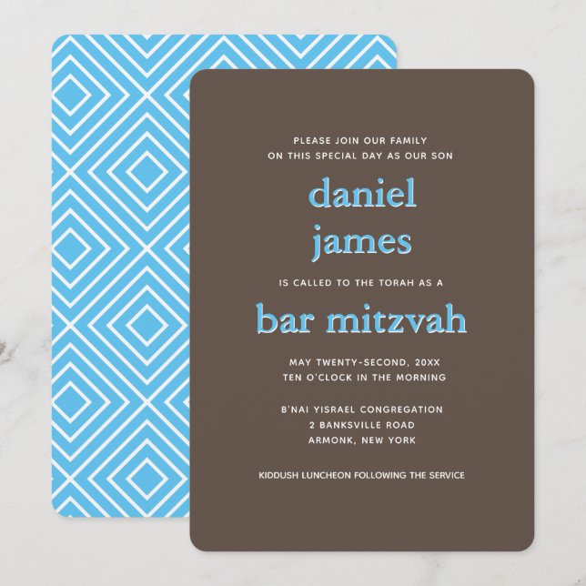 Modern Bar Mitzvah Typography Blue Brown Invitation (Front/Back)